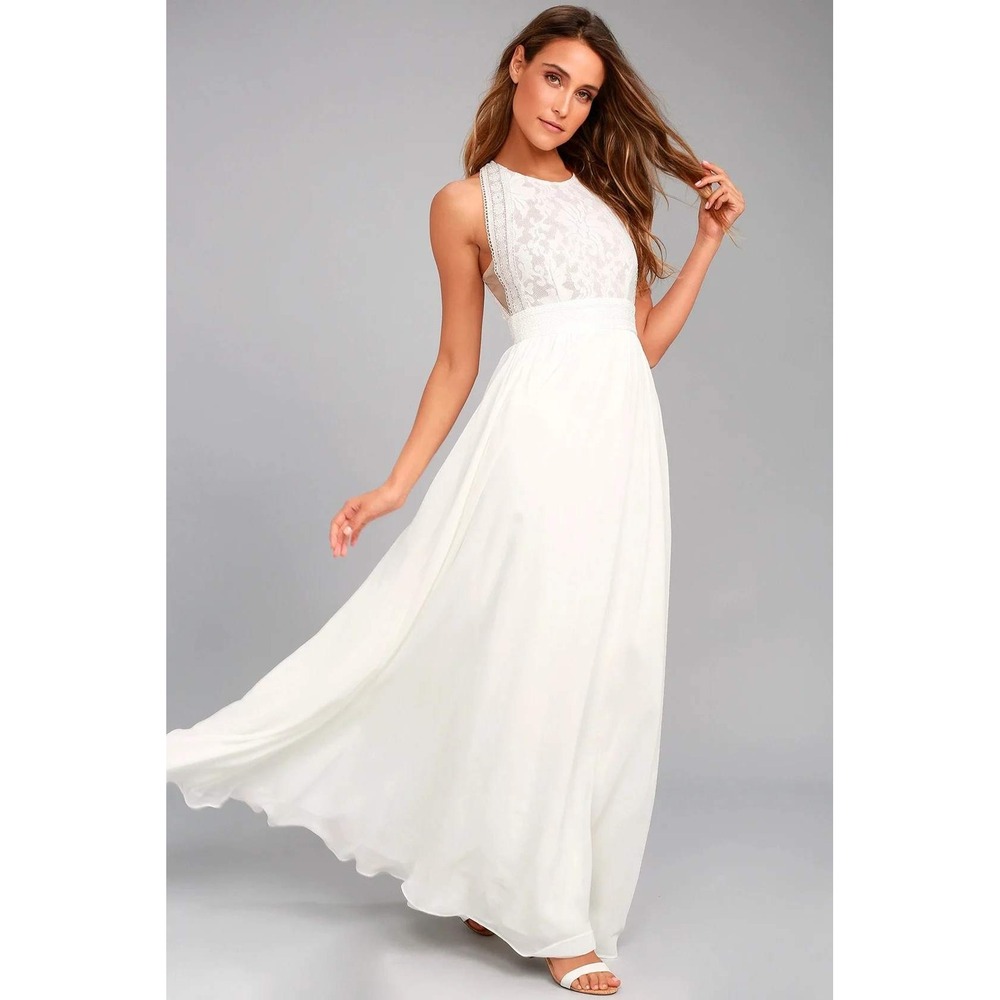 Lulus White Lace Bodice Maxi Dress Nude Lining Sleeveless Formal Size L